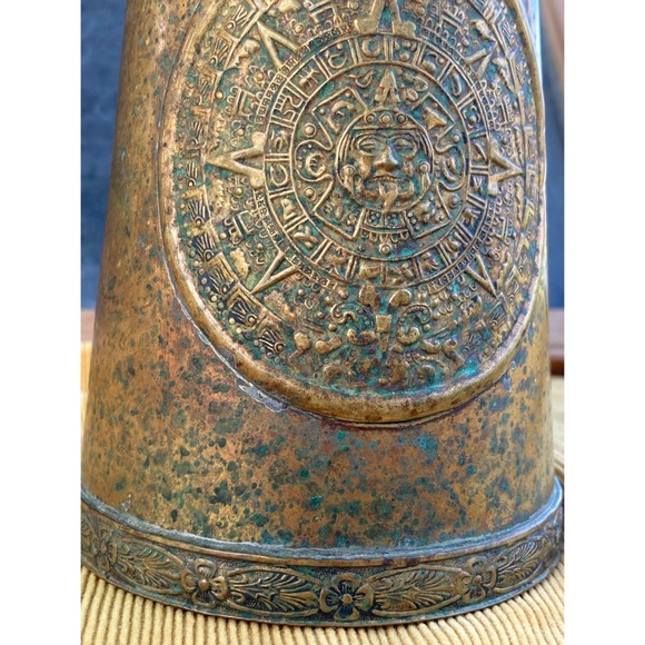 vintage Aztec mayan calendar pitcher vase : brass + copper : handmade - Picture 4 of 17
